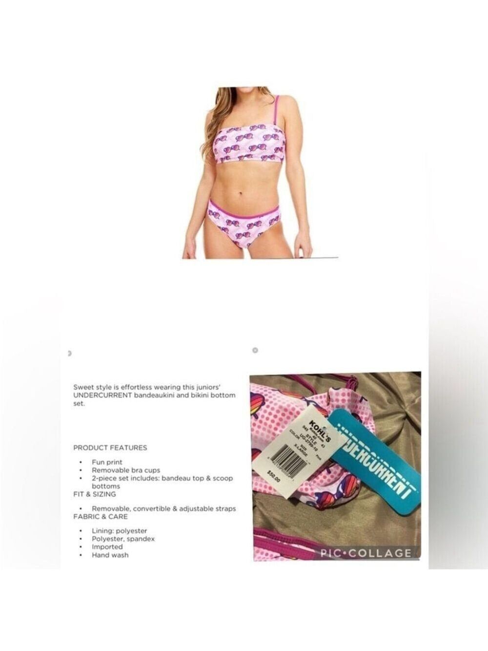 Undercurrent Bandeaukini Woman's Juniors size XL pink dots & sunglasses theme - Picture 9 of 10